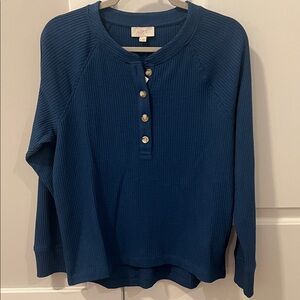 LOFT Women's Blue Button-Up Waffle Knit Top